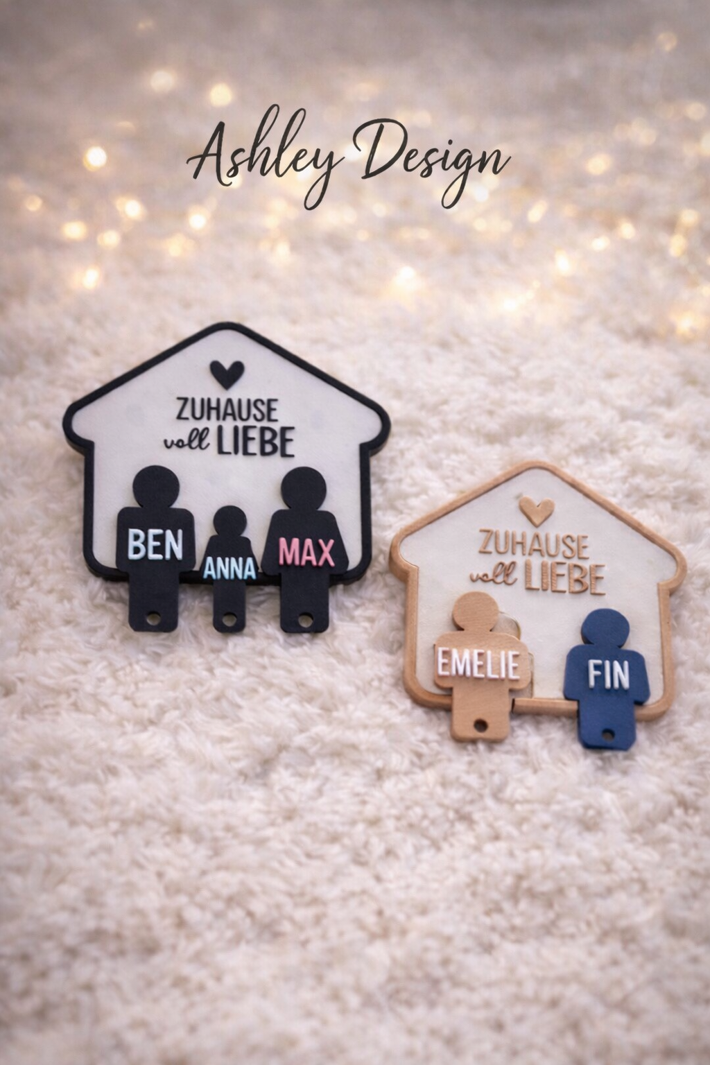 Personalisierter Schlüsselbund-Aufhänger für Paare und Familien – 3D-gedruckt mit Wunsch-Namen und Motiv – Modernes Design für Eingangsbereich – Perfekt als Geschenk für Umzug, Hochzeit oder Familie