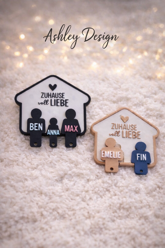 Personalisierter Schlüsselbund-Aufhänger für Paare und Familien – 3D-gedruckt mit Wunsch-Namen und Motiv – Modernes Design für Eingangsbereich – Perfekt als Geschenk für Umzug, Hochzeit oder Familie